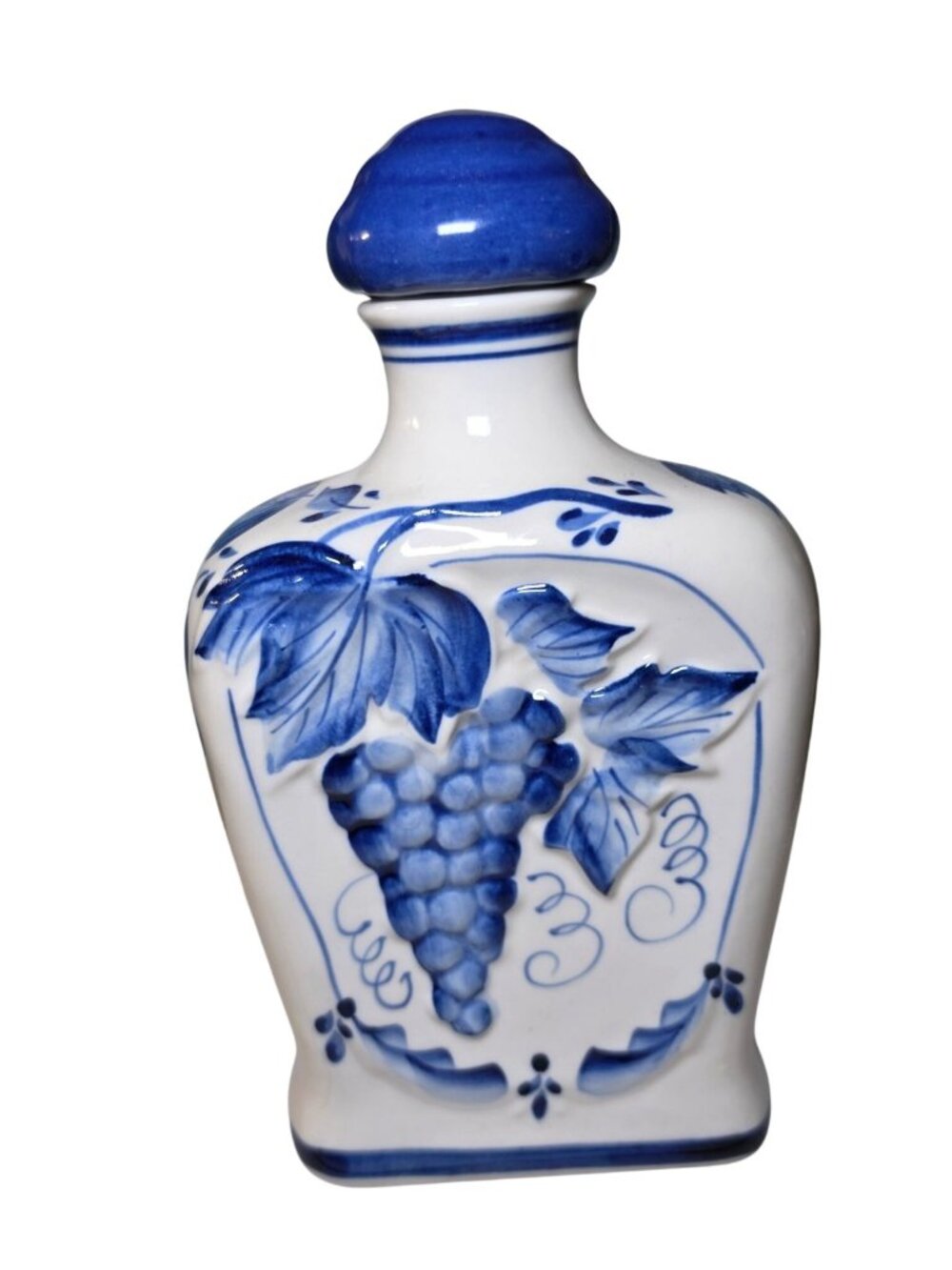 Russian Gzhel Porcelain Blue & White Vodka Decanter Bottle Grapes Isaev Suchkov
